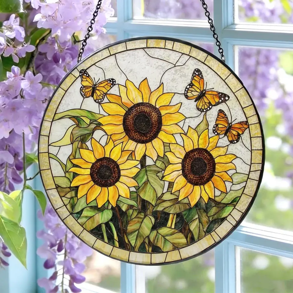 Sunflower Stained Glass Suncatcher: Butterfly Sunflowers Window Hanging