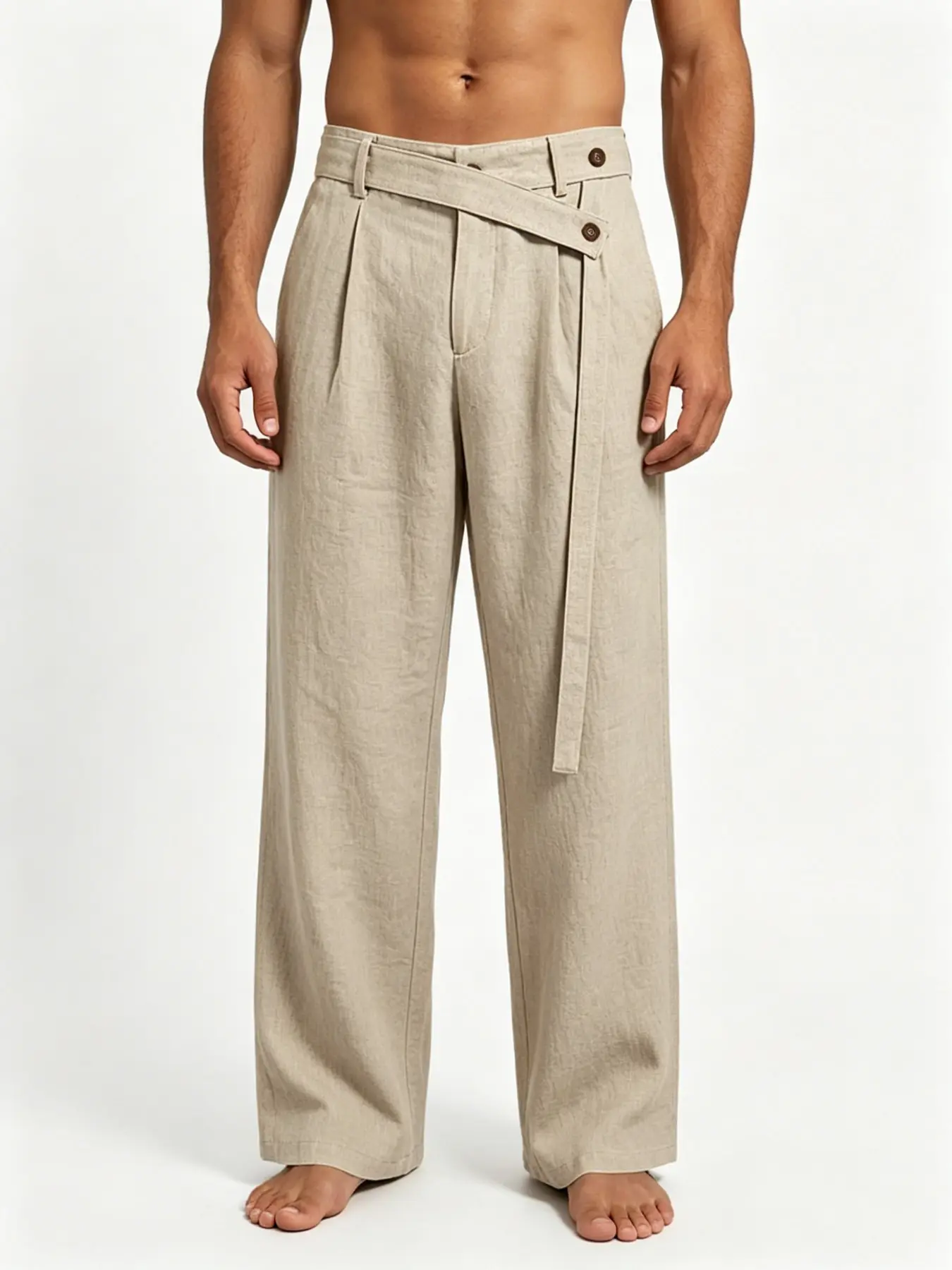 New Men's Linen Wide Leg Baggy Casual Pants, Trouser, Menswear, Asymmetrical Design, Breathable Cotton-Linen Fabric, Loose Fit, Relaxed Fit, Floor Length Hem, All Seasons