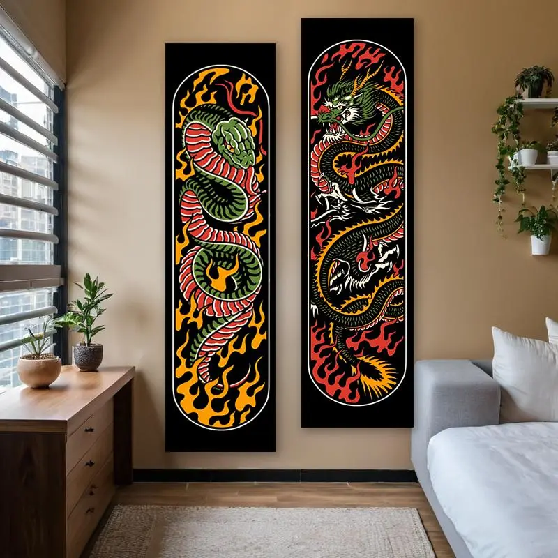 Dragon & Serpent Pattern Wall Tapestry, 2 Counts/set Traditional Mythical Animal Totems Long Narrow Banner Tapestry, Wall Hanging for Bedroom and Living Room, Home Bedroom Decoration, Decor, Tapestry Wall Mural