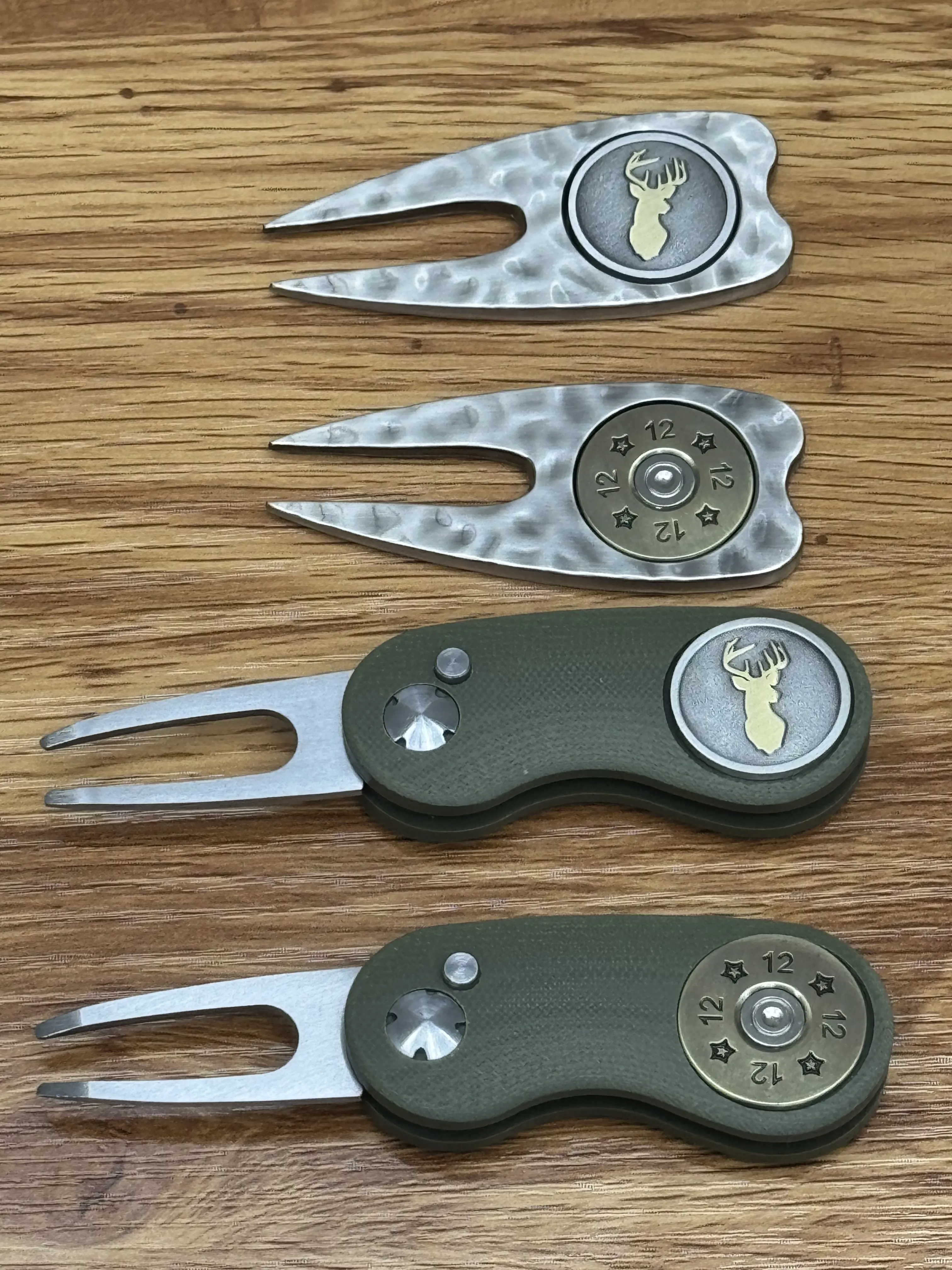 Full Metal Markers Golf Equipment Magnetic Divot Tool & Ball Marker Set for Golfers - Double Prong Hammered or Olive Green Flip Tool with Deer Buck, Shotgun Shell Designs (Golf Accessory)