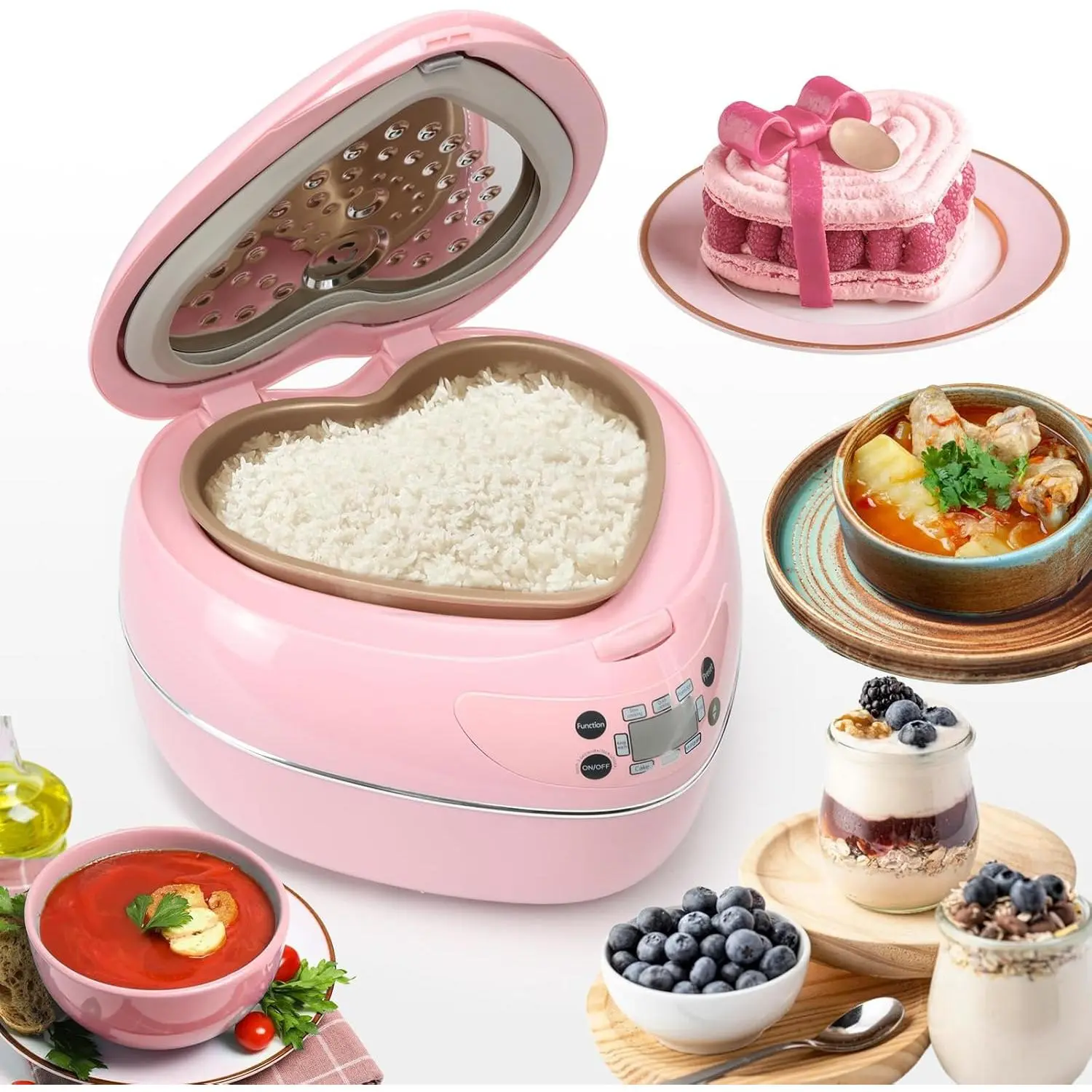Peach Heart Shape Smart Multifunctional Rice Cooker - 300W Countertop Cooker, 4-Cup Uncooked (8-Cup Cooked), 1.8L Pink, with Preset Timer, Multifunctional Cooker, Smart Rice Cooker
