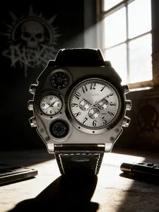Tactical Outdoor Survival Watch, Dual Time Zone Precision, Integrated Compass Thermometer, Silver Color Steel Case, All Season Use