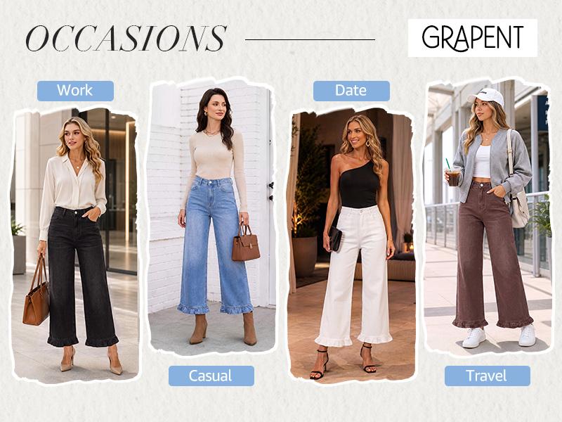 【NEW】GRAPENT Wide Leg Jeans for Women Ruffle Hem High Waisted Ankle Denim Pants | Trendy Baggy Jeans, Stretch Denim, High Rise Fit, Cropped Jean Pants, 27.5 Inch Inseam, Flattering Ruffle Hem, Weekend Casual backtoschool