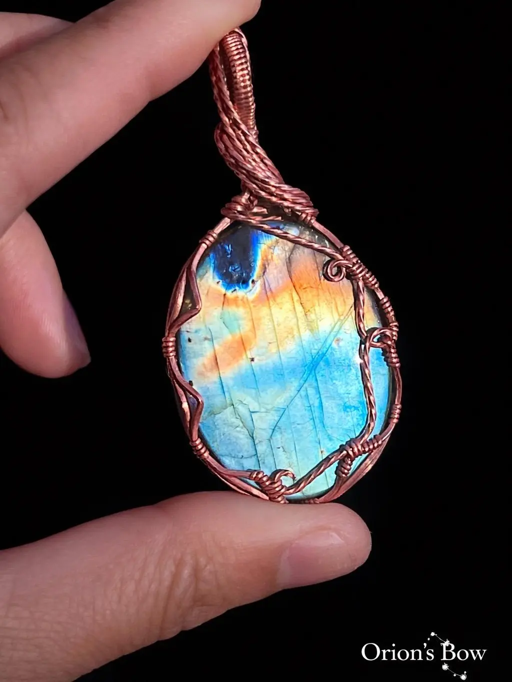 Orion's Bow Wire Wrapped Labradorite Necklace with Multi-Color Flash Pendant Handmade Copper 20in Faux Leather Chain Gift for Intuition & Protection