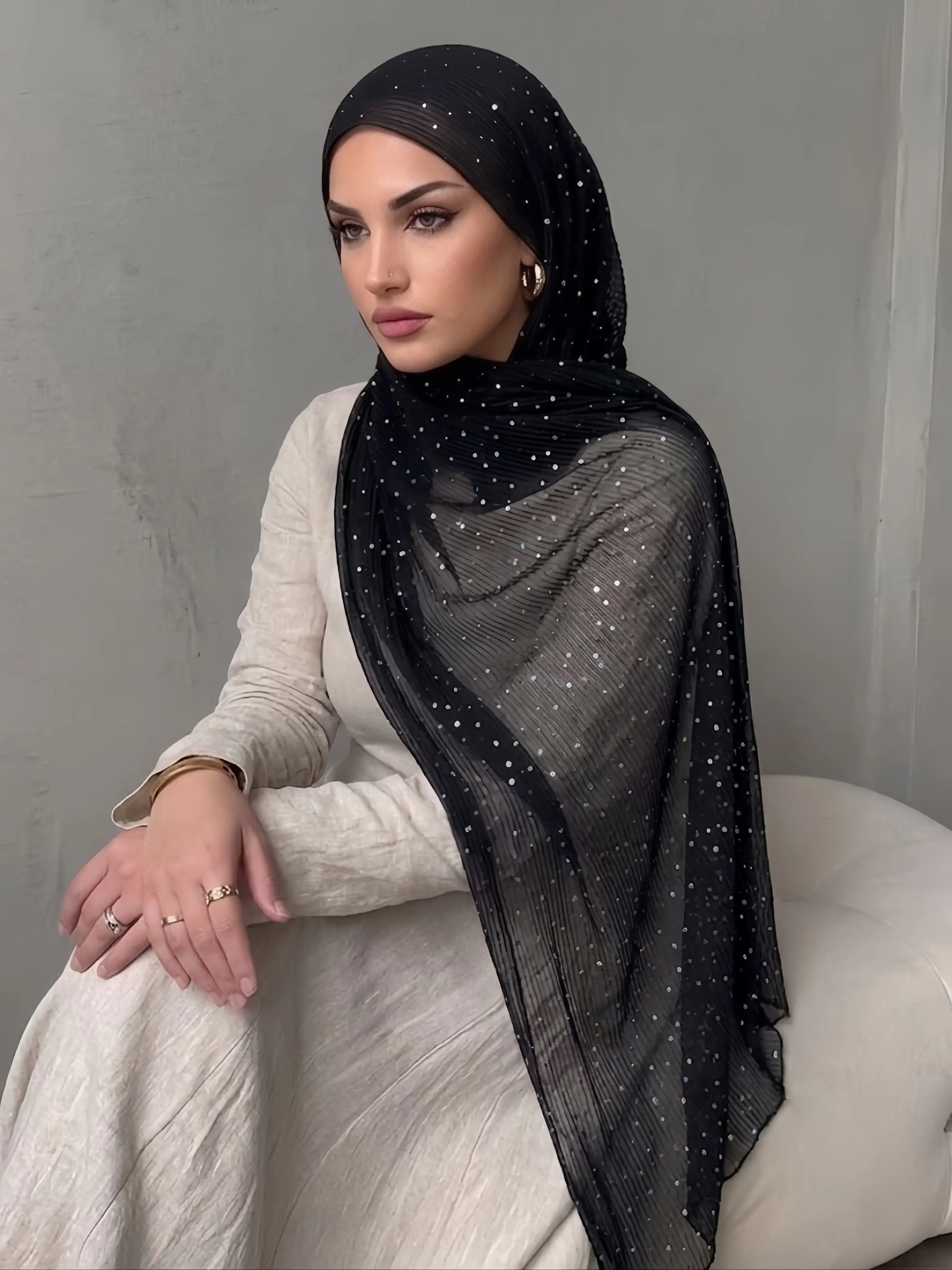 Shimmering Ruched Mesh Headscarf with Rhinestones, a Lightweight and Gentle Sheer Cover for Muslim Women for Weddings & Evening Events, Classic Chic Head Scarves, Breathable Ruching, Ruched Mesh Flow, Soft Sheer Glow, Subtle Shimmer, All Seasons, Elegant