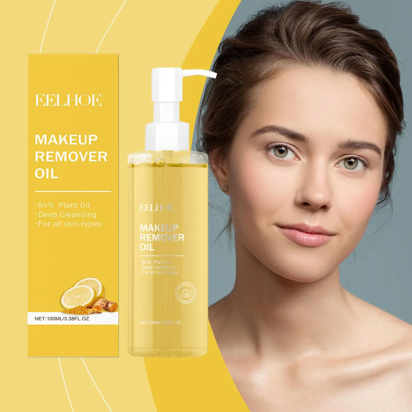 EELHOE Ginger Lemon Makeup Remover Oil, Light Pure Cleansing Oil, Fresh Gentle Makeup Dissolver, Non-Sticky Daily Cleansing Oil for All Skin Types 100ml