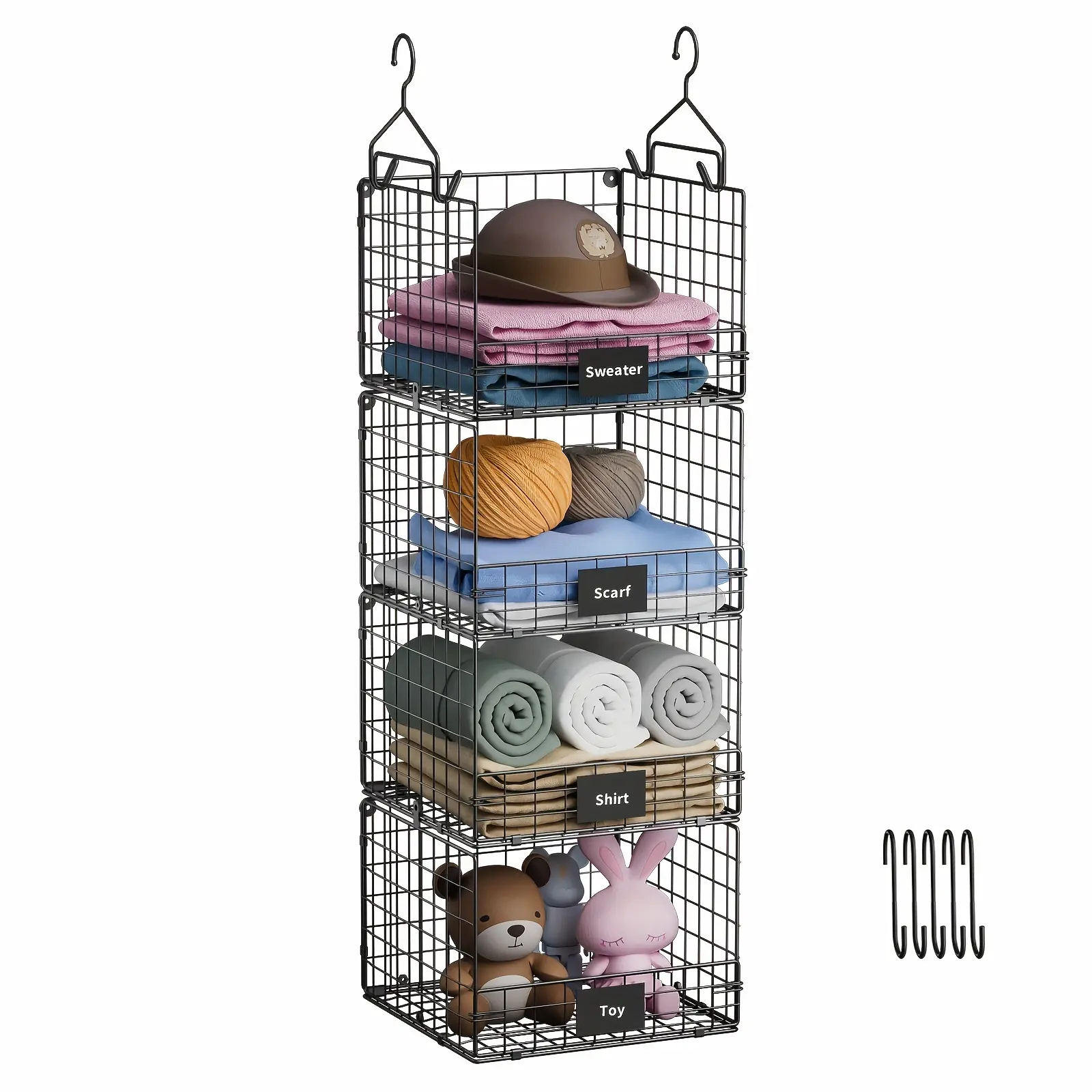 1PC 4 Tier Stackable Wire Storage Baskets Metal Storage Shelves with Hanging Hooks and 5 S Hooks, Hanging Closet Organizer for Sweaters Shoes Handbags Clutches Shelf Baskets