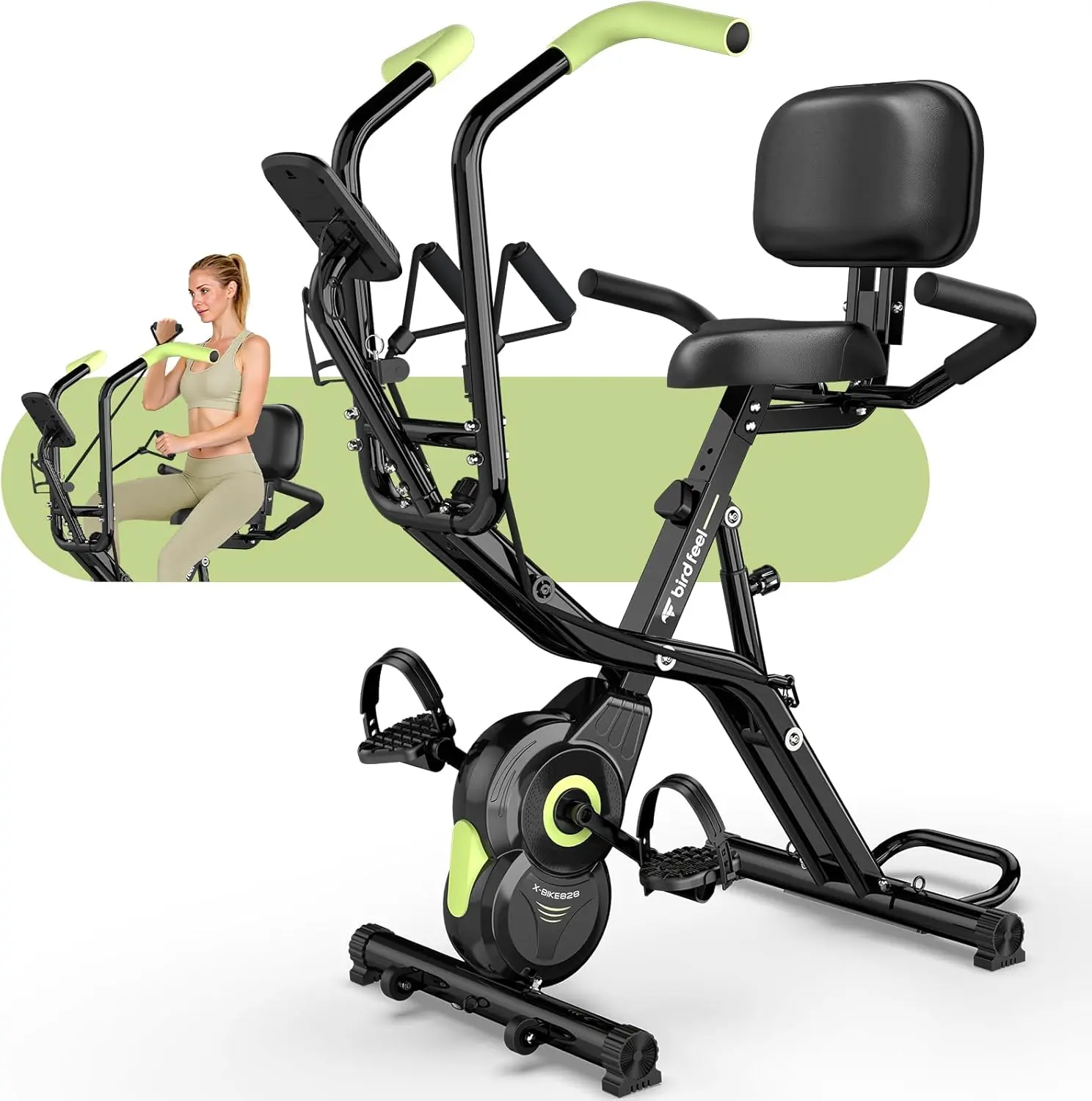 Foldable Exercise Bike, Multifunctional Indoor Stationary Bikes for Home with 8-Level Magnetic Resistance, Quiet Workout Bike with Arm Resistance Bands, LCD Monitor, 300LBS Capacity