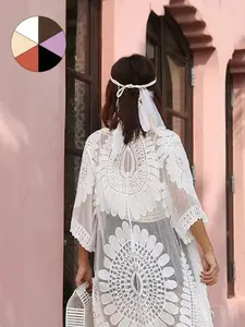 Women's Sexy Lace Knit Tie Front Butterfly Sleeve Swimsuit Cover-Up, Sheer Cover Ups, Transparent Mesh Beachwear with Mandala Pattern, Ideal Vacation Choice, Swimsuit Coverup, Swimwear Coverups