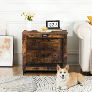 Wooden Dog Crate with Pull-Out Tray, Dog Crate Furniture, 25.5" Small Dog Kennel Indoor, Double Doors Dog House, Modern Side End Table for Small/Medium Dog, Rustic Brown #SummerVibes