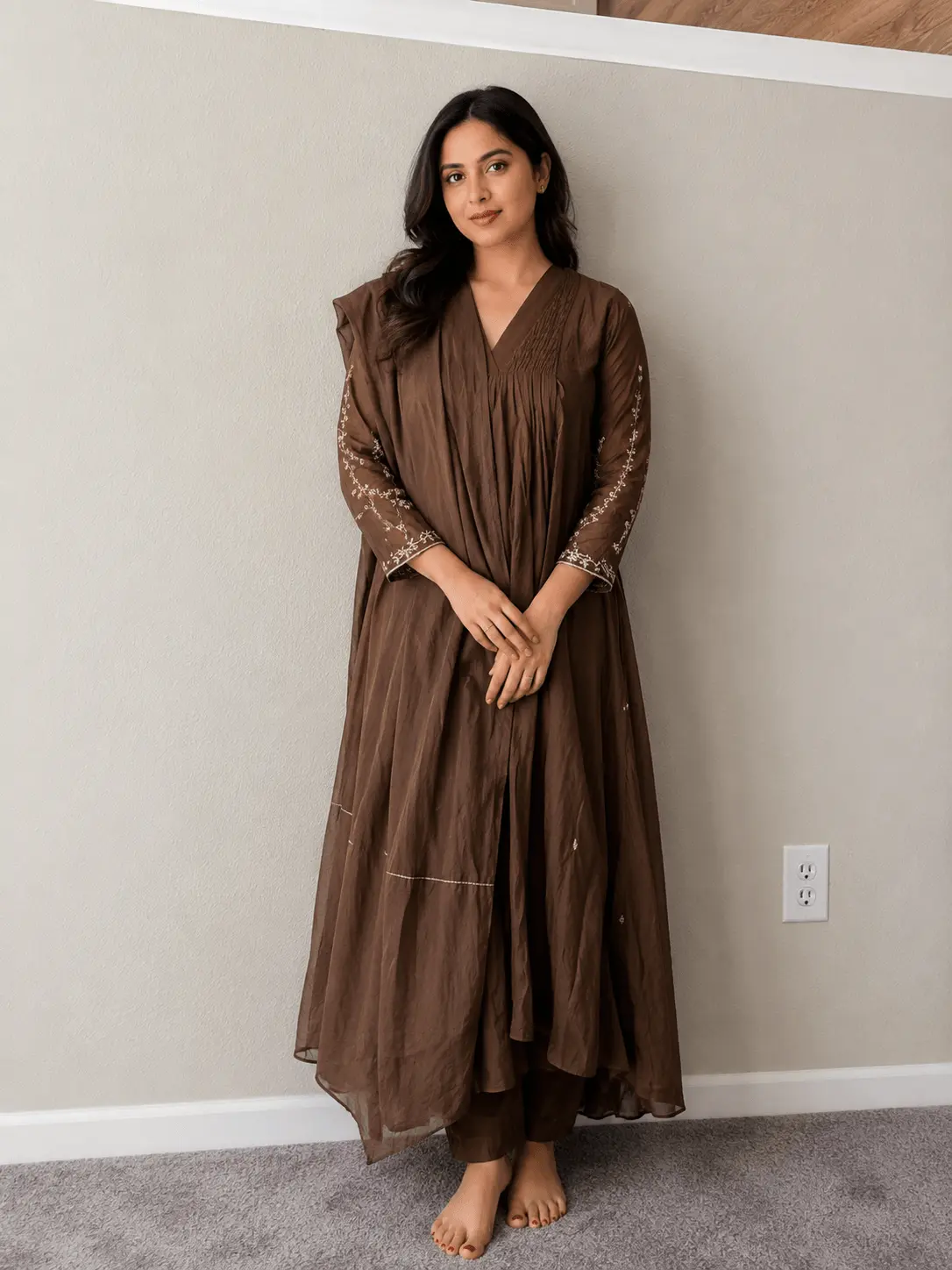 Mulchanderi A-line coffee brown dress set