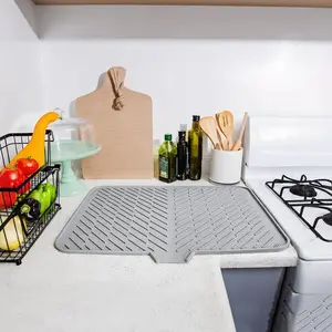 Extra-Large Silicone Dish Drying Mat with Drainage Lip – Premium Kitchen Counter Draining Pad for Easy Cleaning & High-Temperature Resistance – Ideal Tableware Coaster Sink Faucet N22Drainagepadgray