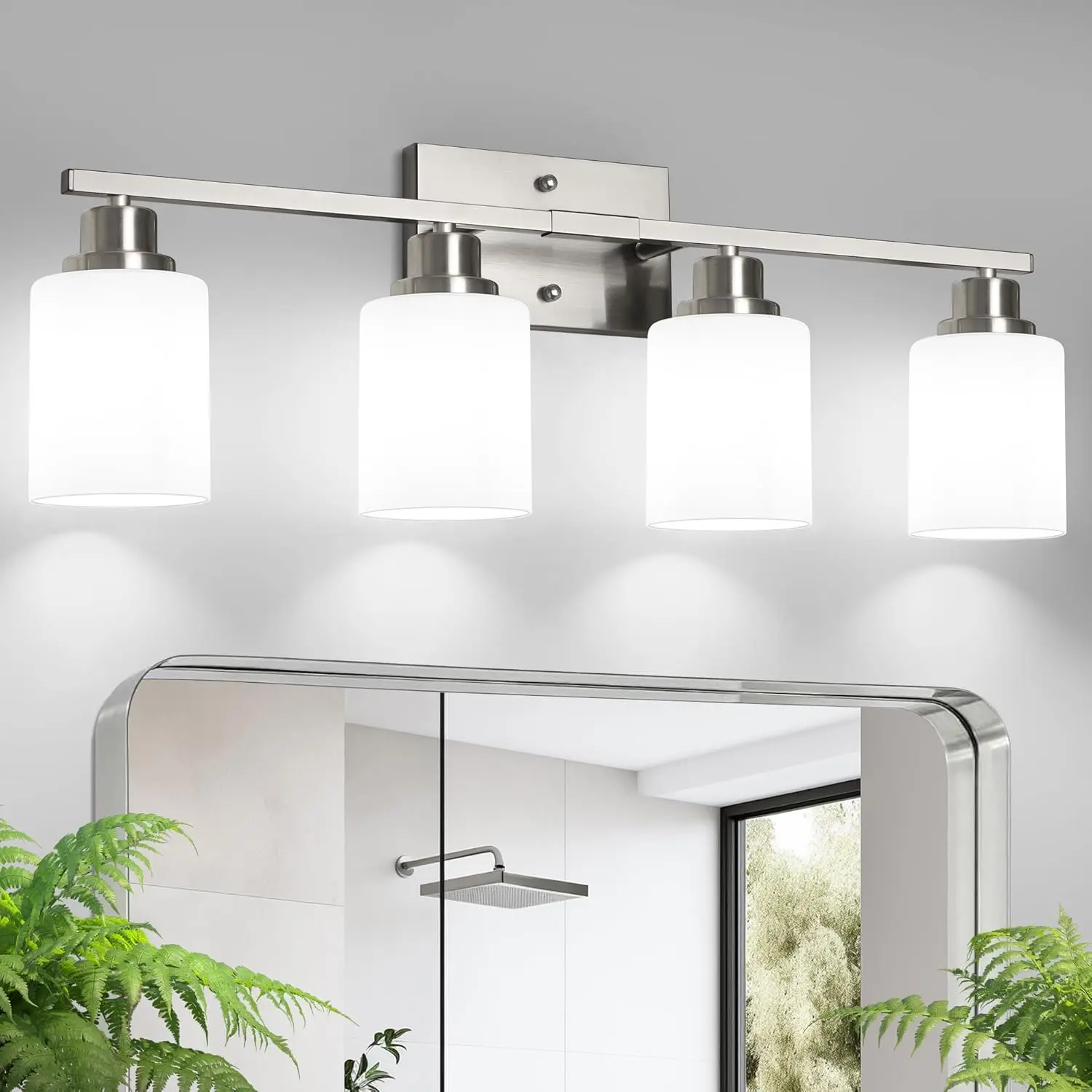 Bathroom Light Fixtures, 4-Light Vanity Light Over Mirror, Brushed Nickel Wall Sconces with Milky White Frosted Glass Shades, Wall Lamp for Living Room Bedroom, E26 Base(Bulbs Not Included)