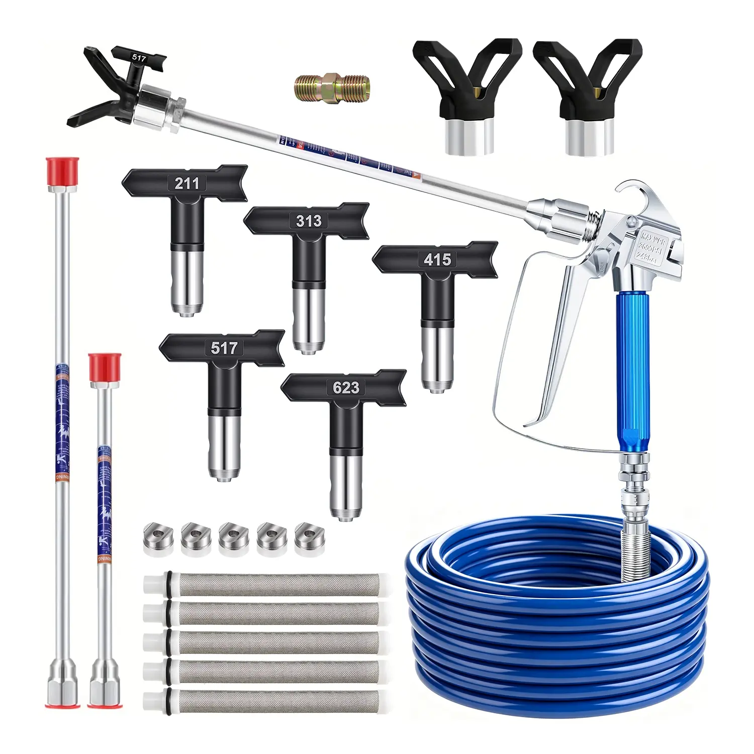 17-Piece Professional Paint Sprayer Tool Set, Featuring a 32.8 ft High-Pressure Hose, 1 Premium Airless Spray Gun, 5 Reversible Nozzles, 5 Spray Gun Filters, 1 High-Pressure Hose Connector, 2 Nozzle Guards, and 2 Tip Extension Tubes.