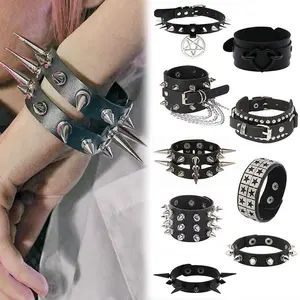 1Pc Hip Hop Rock Spikes Rivets Stud PU Leather Bracelet Men Vintage Punk Heart Pentagram Party Wristband Women браслет Jewelry