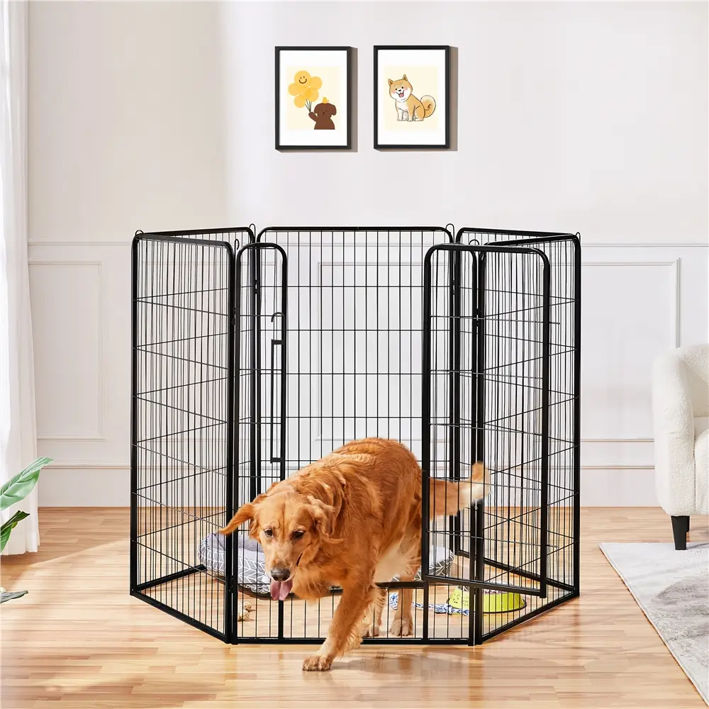 Costoffs Durable Portable Small Steel Puppy Playpen, 6-Panel Enclosed Metal Iron Animal Barrier Fence with Door for Camping, Traveling, Indoor-Outdoor Black Pet Enclosure