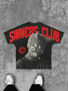 Men's Black Loose-Fitting T-Shirt With a Balaclava Head Print, a Street-Style Hip-Hop Top, Suitable for Men's Everyday Wear.