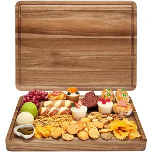 Acacia Wood Cutting Board, Bamboo Wood Cutting Board for Kitchen, Cheese Charcuterie Board, with Side Handles and Juice Grooves, 20x15", Kitchen Gift for Home Cooks