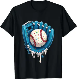 Baseball Drip Ice Cream Sprinkles Baseball Glove T-Shirt - Crewneck Men Women Youth Boys Girl T-shirt Cotton Fabric