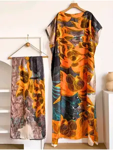 Orange Floral Silky Kaftan Dress