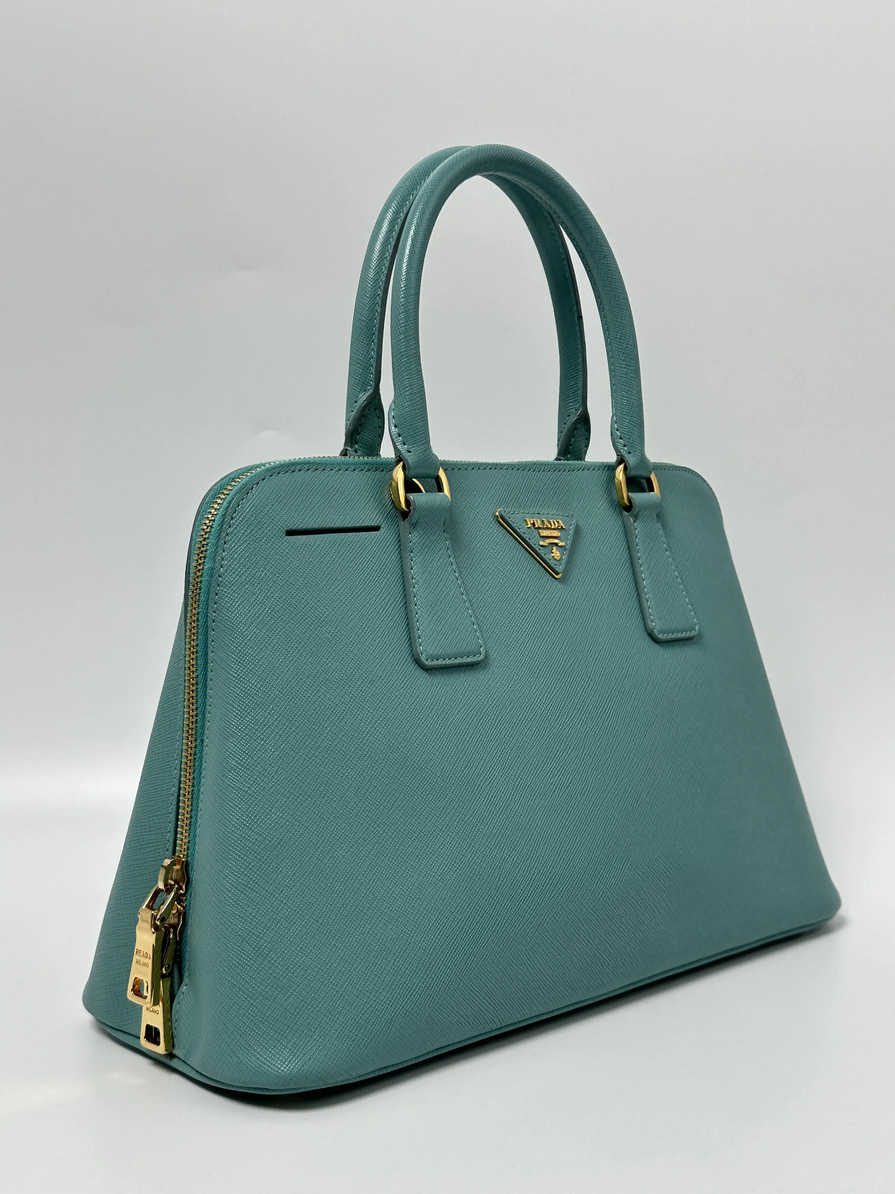 Pre-owned PRADA Leather tote bag Turquoise Saffiano Lux Promenade Top Handle Bag JD913PR