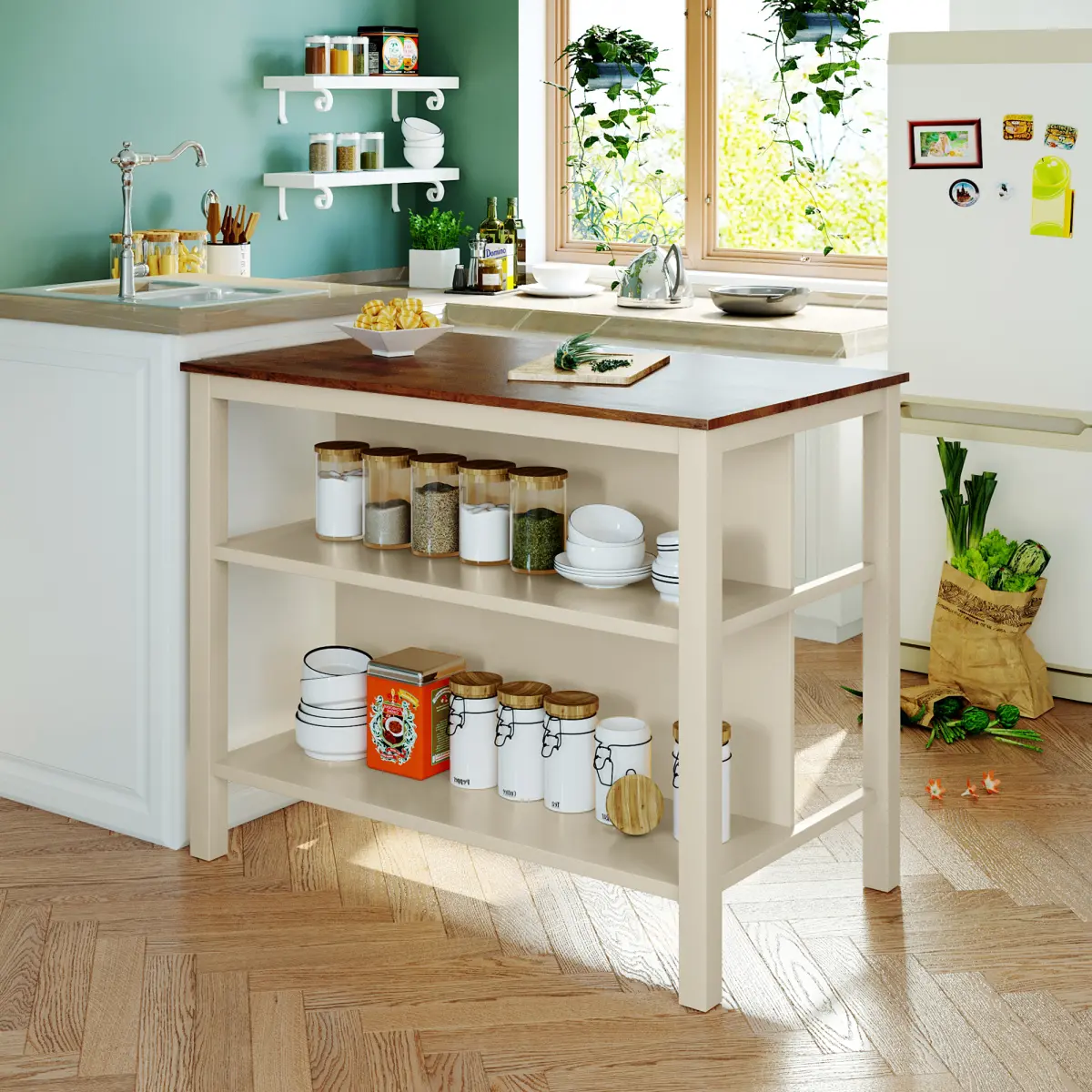 45x27x36 in Solid Wood Farmhouse Kitchen Island - Low Maintenance Dual-Purpose Floor Cabinet, Walnut Top Cream White Frame Prep Table with 2-Tier Shelves, 200 LBS Tabletop/55 LBS Shelf Capacity, Assembly Required Multifunctional Dining Storage Workstation