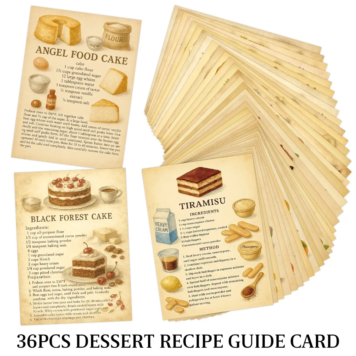 36pcs/Pack Vintage Baking Recipe Card Set - Dessert Recipe Guide Cards with Step-By-Step Instructions And Watercolor Illustrations, Ideal for Home Bakers, Cooking Classroom Activities, Recipe Journaling And Rustic Kitchen Decor