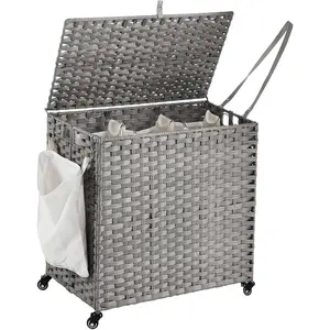 Laundry Hamper with Wheels, 39.6 Gallon(150L) Rolling Laundry Basket with Lid, 3-Section Rattan Clothes Hamper with 3 Removable Liner & 3 Mesh Bags, Laundry Sorter with Side, Grey