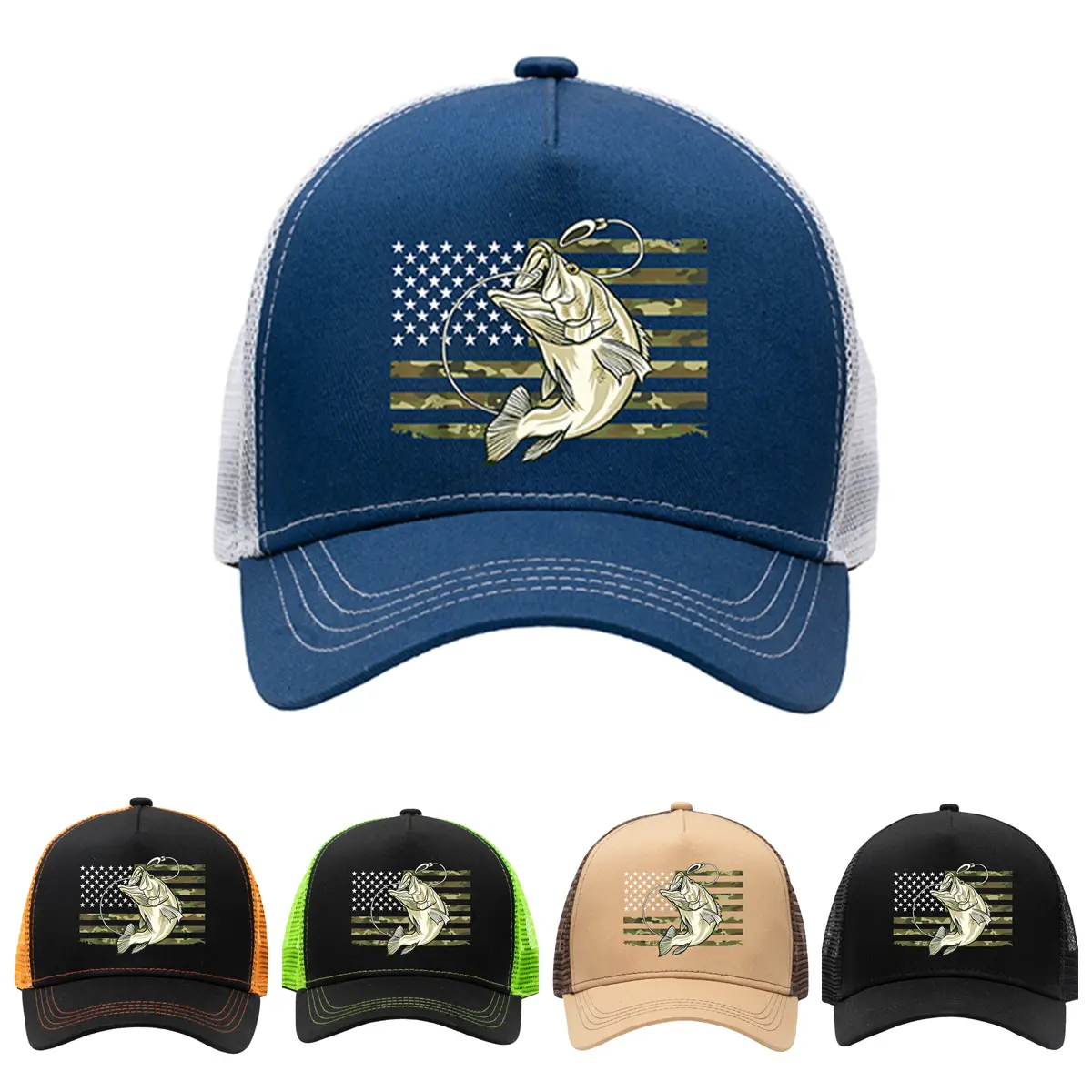 High Quality American Flag Classic Trucker Hat for Men, Patriotic Fish Logo Snapback Hat, Adjustable Outdoor Sports Cap, 5 Color Options, Accessories for Women, Hats Snapback, High Quality Hat