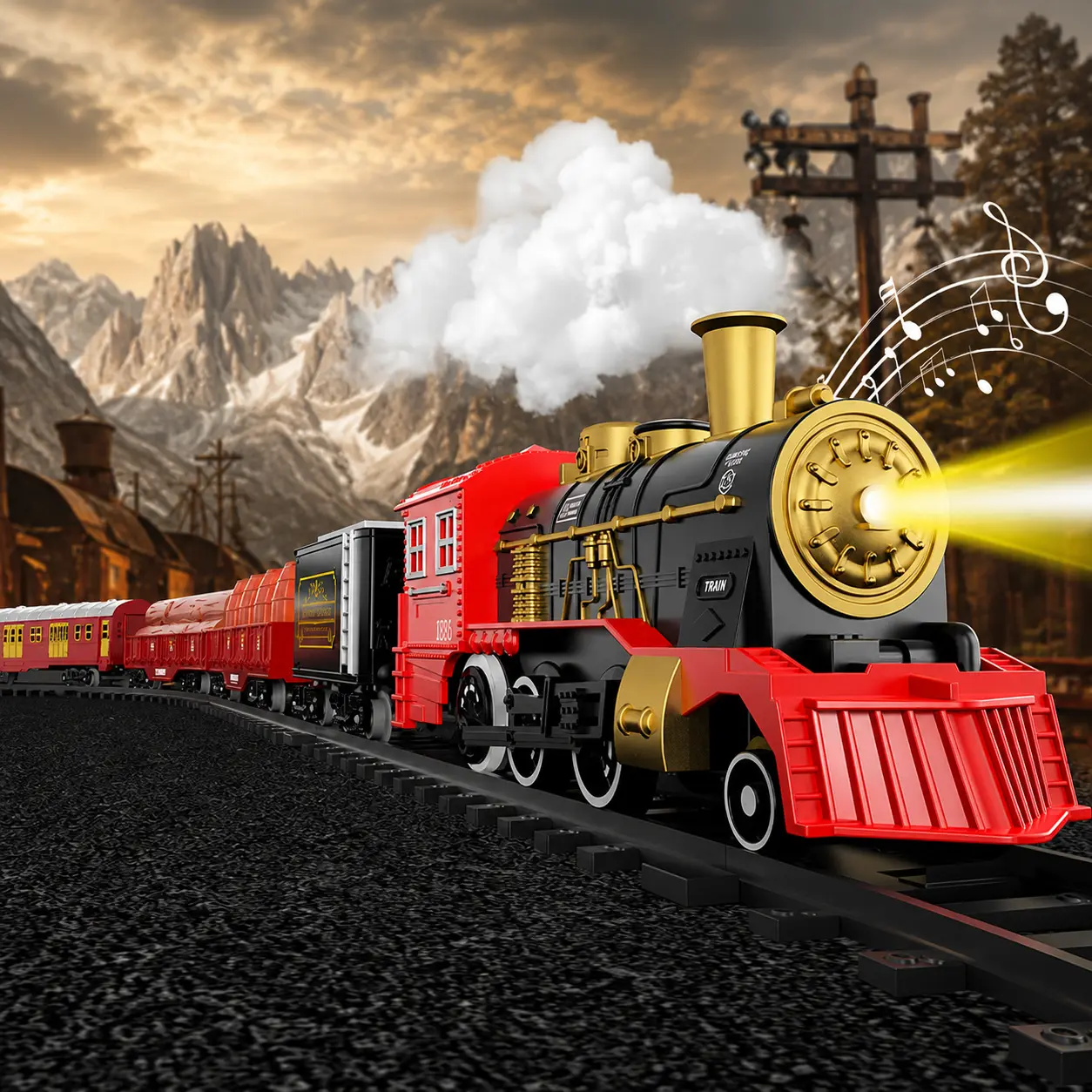 Realistic Simulation Electric Train Toy Set for Children,Battery Operated Locomotive with Flashing LED Lights,Authentic Train Sound & Mild Smoke Effects,Complete Kit Includes 6 Train Carriages&Modular Track Segments for Diverse Long Track Assembly