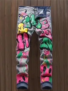 Men's Graffiti Print Distressed Jeans, Casual Comfy Regular Fit Straight Leg Jeans for Daily Wear, Fashion Men's Bottoms for All Seasons, Cotton, Graphic Jeans, Graphic Pants