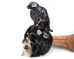 6.5" Black Zebra Agate Geode Carved Crystal Skull & Raven Sculpture, Crystal Healing