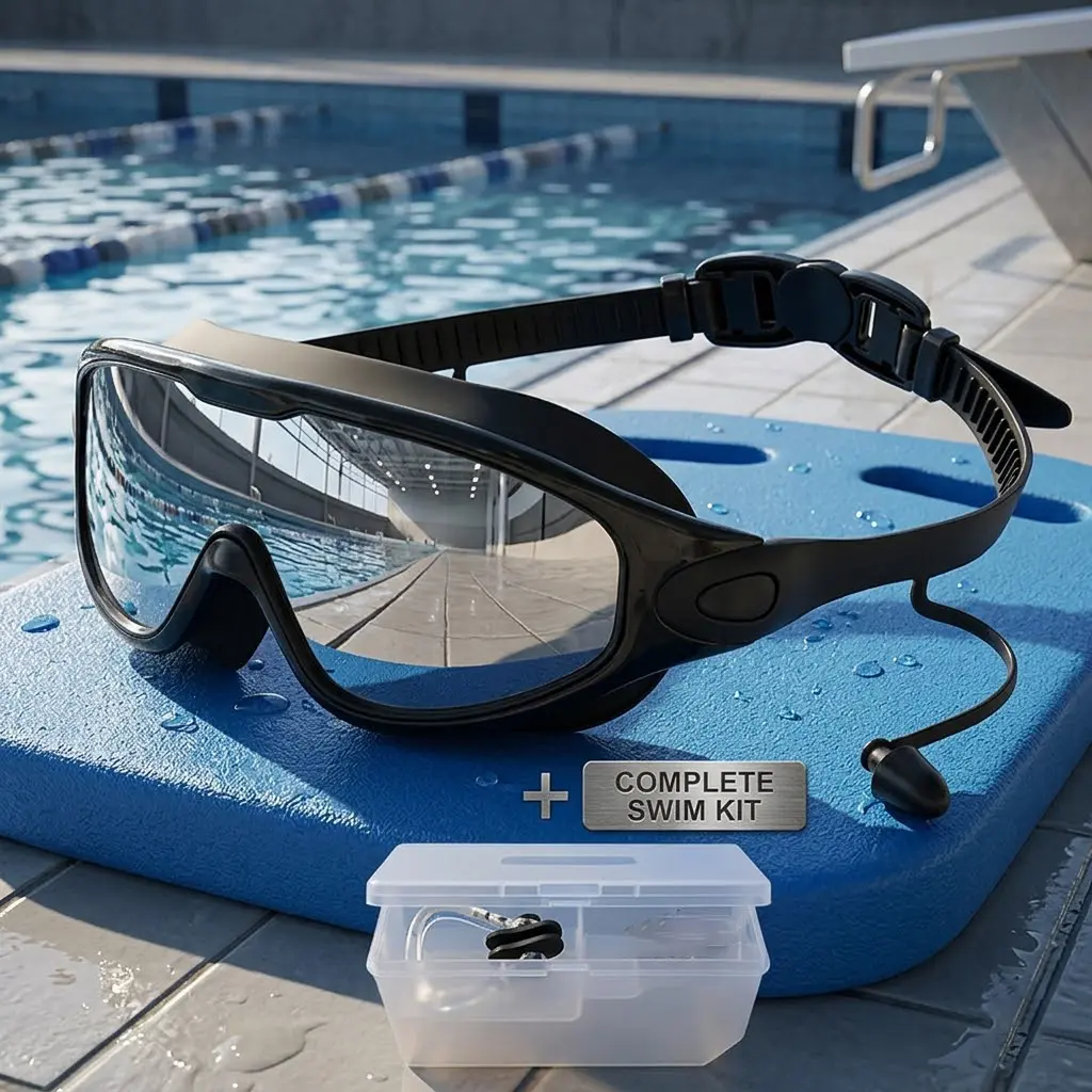 Swimming Goggles Bundle with Earplugs, Nose Clip, Case - Anti-Fog Lenses Eye Protection, Anti-UV, Leak-Proof, Wide View Clear-Tint for Family Swimming Sessions