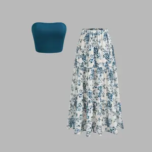 Cider [size 2-10] Solid Crop Tube Top & Mid Rise Floral Ruffle Tiered Maxi Skirt Set