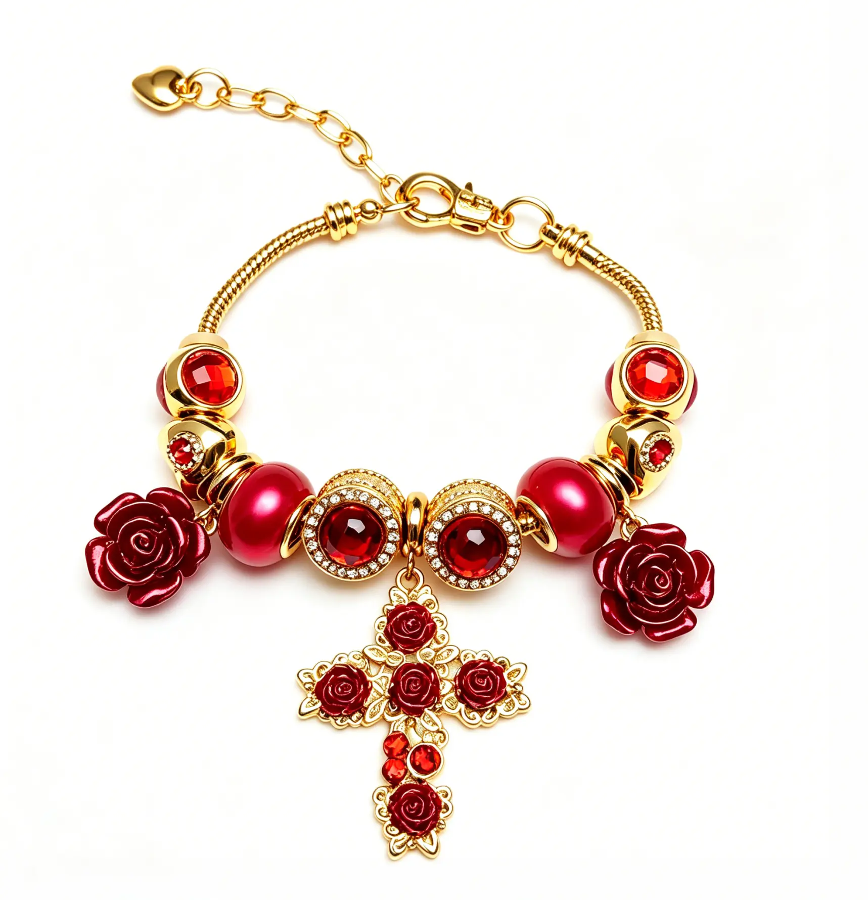 Red Rose Cross Golden Charm Bracelet, Red Crystal Beaded Adjustable Snake Chain Bracelet