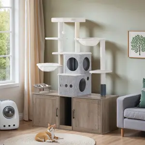 HOOBRO Cat Tree with 47.2" Dual Litter Box Enclosure, 63.4" Tall Multi-Functional Tower for Cats, Hidden Litter Box Enclosure Furniture, with Feeding Bowls, Scratching Posts, Hammocks, Greige #SummerVibes #petlovers