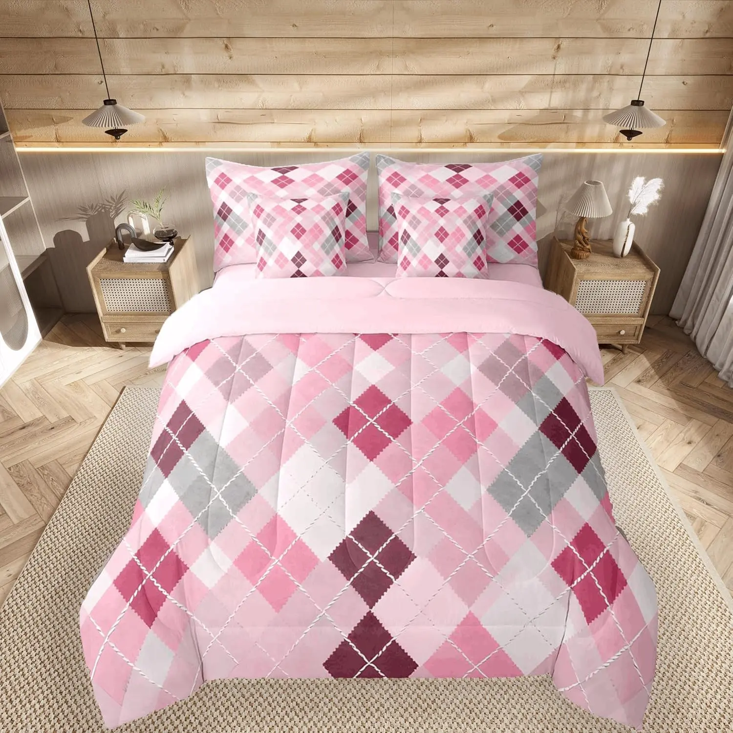 Traditional Argyle Pattern Comforter Set With Sheets 7 Piece Plaid Bed in a Bag Pink Checkered Striped Classical Bedding Set Bedroom Decor Breathable Soft Microfiber