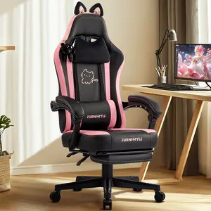 Gaming Chair, Pink Video Game Chairs for Adults with Cat Ears Pocket Spring Cushion Massage Lumbar Support & Headrest, Ringing Accessories Cute Leather Ergonomic Computer Chair for Girls