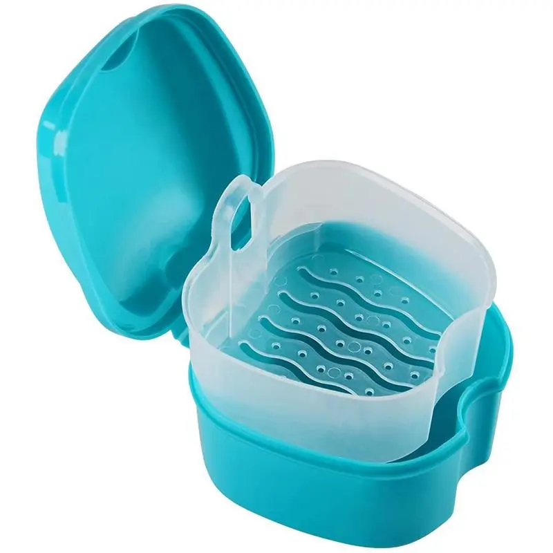 Blue Denture Storage Cup with Removable Strainer Basket, Denture Bath Box for Holding False Teeth and Dental Appliances, Portable Lidded Container for Daily Storage, Bathroom Organization and Travel Accessories