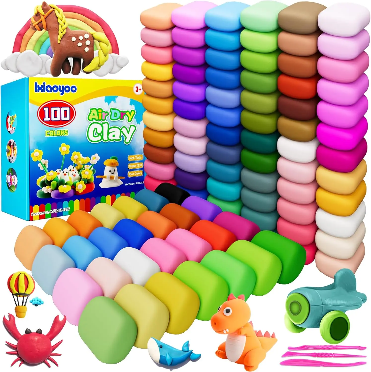 Air Dry Clay Kit-100 packs, Modeling Clay for Kids, DIY Model Magic Clay, Molding Clay Kit with Sculpting Tools, Non-Sticky Soft and Super Light,  Home Party Favors, Arts& Crafts Birthday Gift for Boys Girls Kids Handicraft
