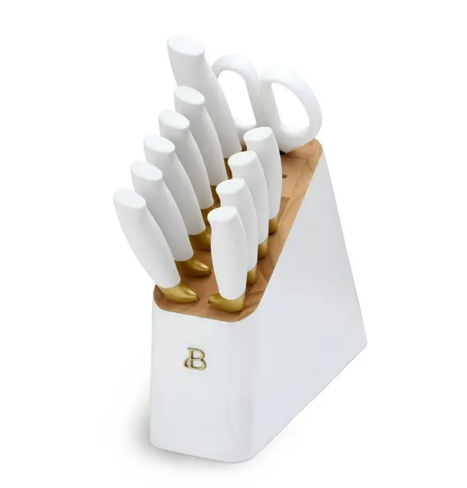 Beautiful 12 Piece Knife Block Set with Soft-Grip Ergonomic Handles White and Gold by Drew Barrymore