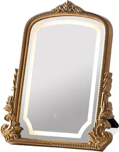 The Old Money Glam Dimmable LED Gold Carved Arch Vanity Mirror (16"x20") - Luxury Decor Vintage