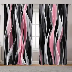 2 pieces, pink, grey and white striped wave pattern curtains, made of polyester with semi-transparent texture, machine washable, suitable for bedrooms, living rooms and home decoration curtains
