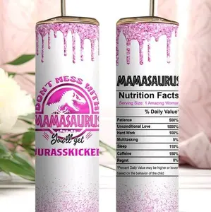Mamasaurus 20oz Don't Mess With Me Tumbler - Pink Glitter Design, Unconditional Love, Hard Work, Multitasking, Sleep, Caffeine, Regret