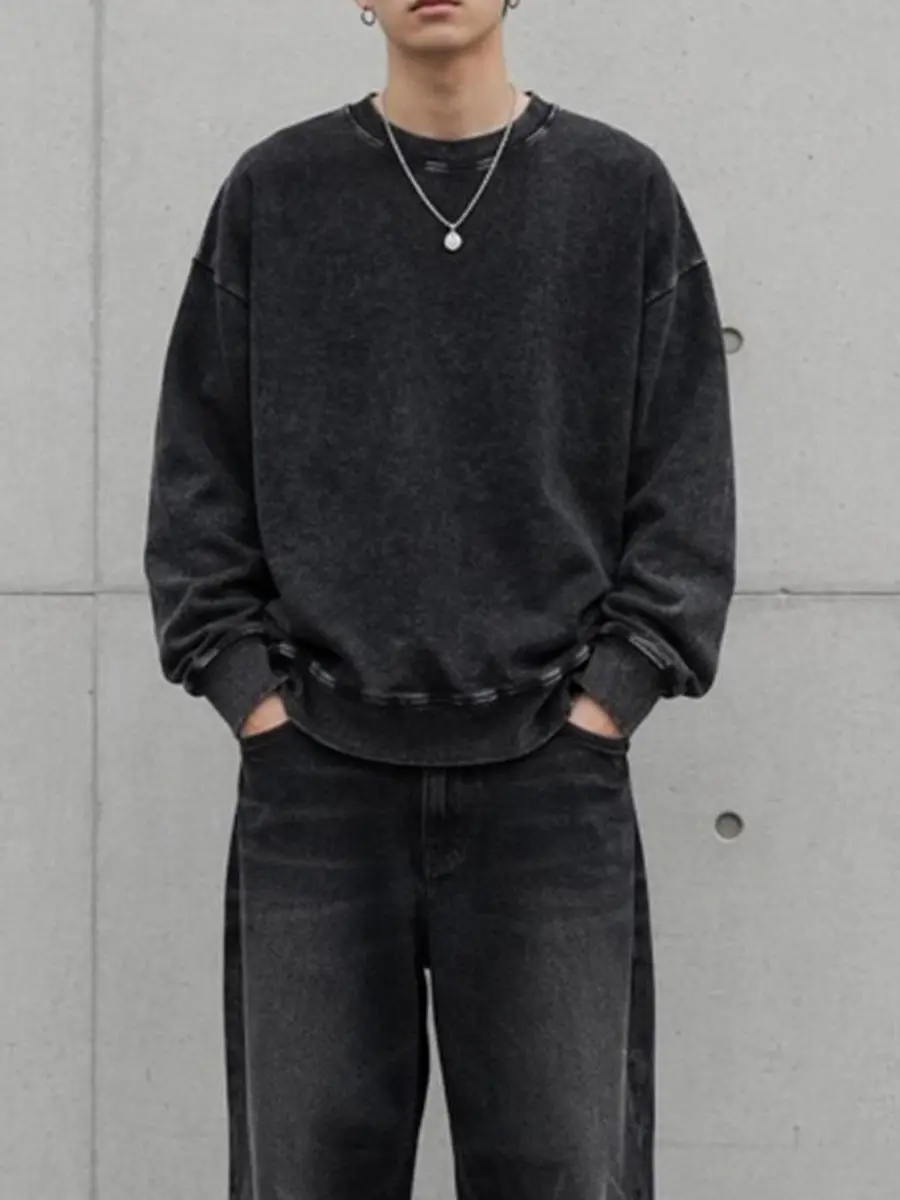 Men's Vintage Mineral Acid-Washed Solid Black Oversized Crew Neck Pullover Sweatshirt - Soft Heavyweight Anti-Pilling Minimalist Menswear Top for Old Money Gentlemen, Spring Fall Office Urban Streetwear Slacks Pairing Essential, Retro, Ribbed