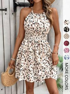 Women's All Over Print Halter Neck Dress, Boho Fashion Casual Bohemian Sleeveless Short Dress for Beach Holiday Vacation, Ladies Summer Clothes, Womenswear, Summer Cute Clothes