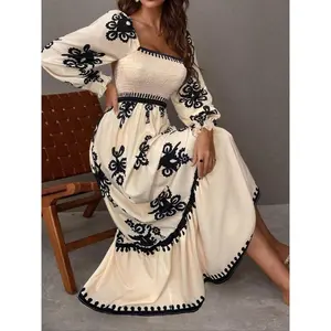 Women’s all-over print shirred bishop sleeve A-line dress, long-sleeve dress for fall and winter, flowy maxi dress