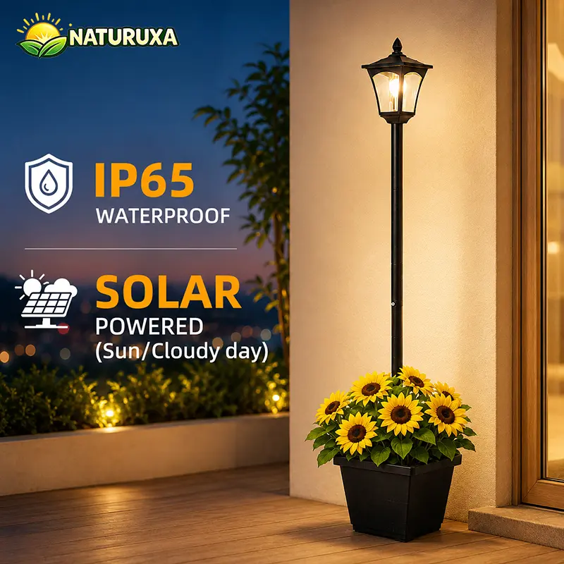 Naturuxa 63" Solar Lamp Post Light With Flowerpot – Monocrystalline Panel (50% More Efficient), Rust-Resistant Aluminum + Glass, Won't Attract Mosquitoes, 12H+ Lighting, IP65 Waterproof, 3000K Warm White, 10-Year Warranty, COD Available