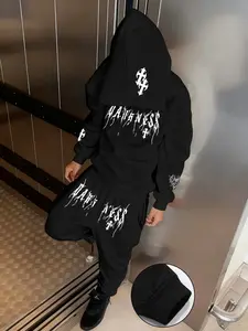 Men's Dark Crazy Theme Hoodie Set, Streetwear Style, Drawstring & Cuffed Pants, Comfortable & Stylish, Casual Fall&winter Fashion