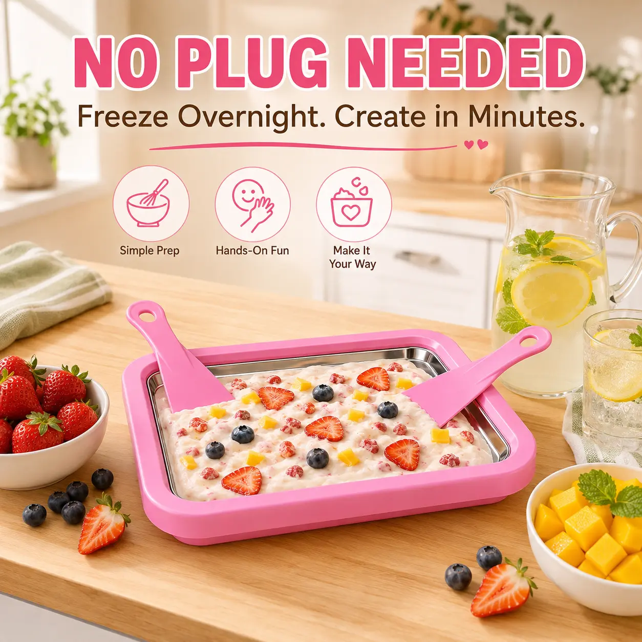 UOYGAO Food Grade Stainless Steel Rolled Ice Cream Maker Kit with 2 Scrapers - Kitchen Appliances for Frozen Yogurt, Slushie, Homemade DIY Parent-Child Activities, Pink Birthday Gift for Families,home essentials